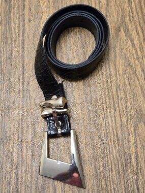 PRESTIGE Women's Genuine Leather Embossed Black Belt w/Sturdy Silver Buckle SML